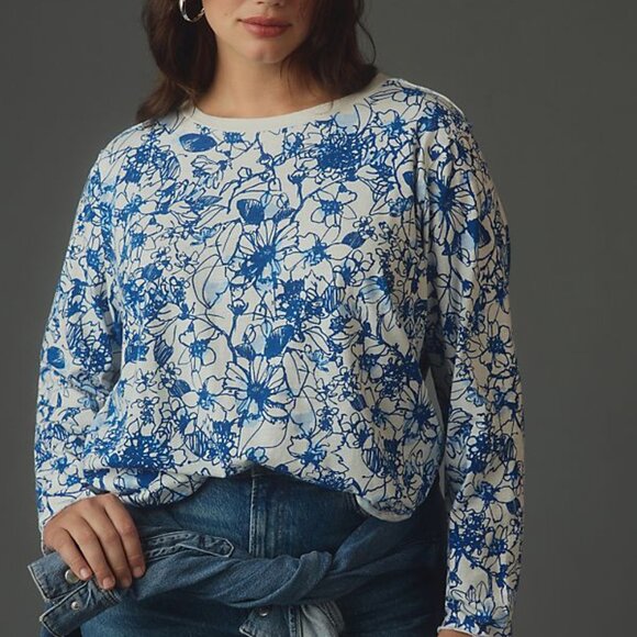 Anthropologie Sonal Nathwani Long-Sleeve Printed Tee by size L blue foral - Picture 5 of 8